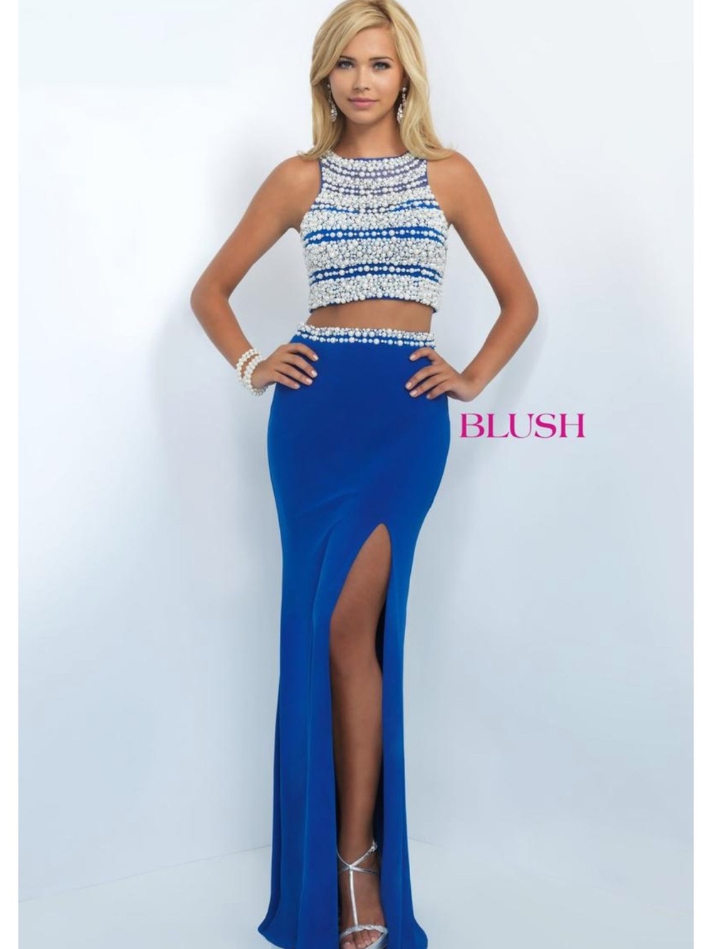 NWT Blush by Alexia Formal Prom Homecoming2 piece Blue Beaded Pearl Gown Set Sz